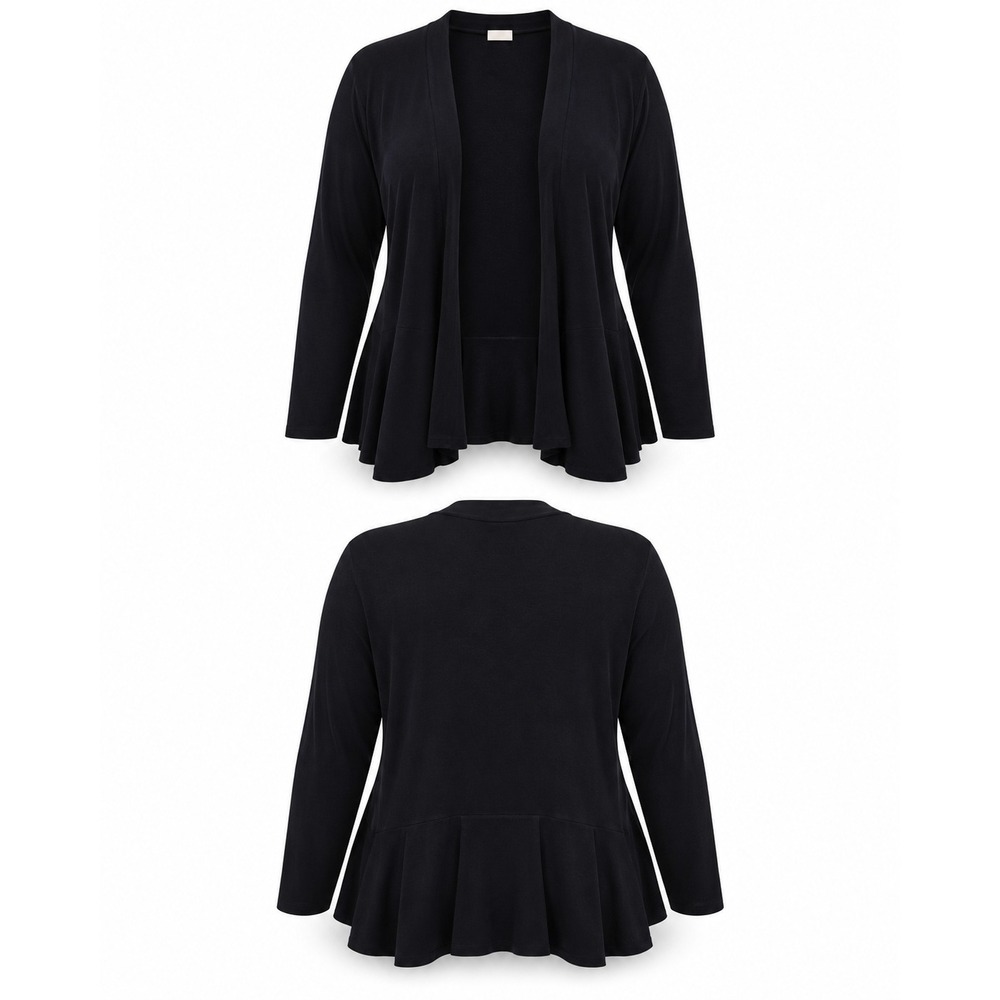 Chico's Travelers Cardigan Size 2 Black Open Front Peplum Back Slinky Knit